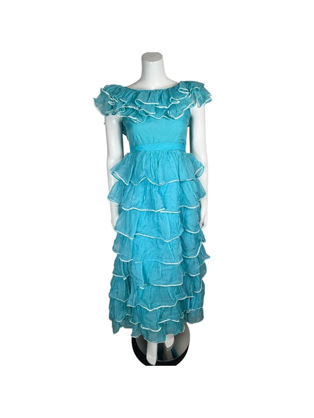 Vintage 80s Ruffle Tiered Midi Prom Dress Blue w Sequin Trim Junior Size S/M